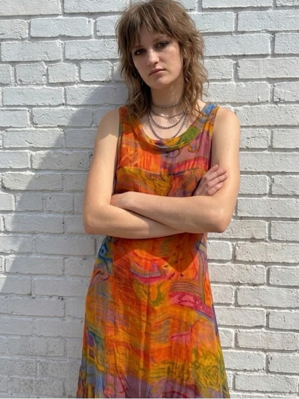 Vintage 90s Grunge Abstract Orange Art Wear Print Mesh Maxi Dress Size Small - Picture 2 of 12